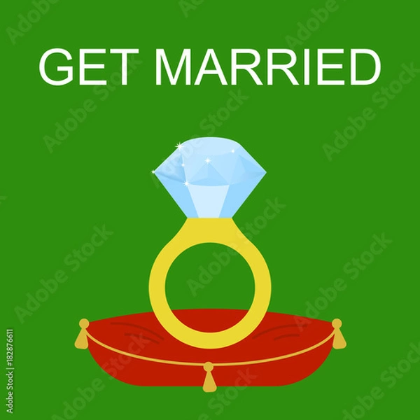 Fototapeta Flat simple image with wedding ring, sparkles on green background. Vector illustration of wedding card with text "get married". Gold ring with a diamond for a wedding celebration