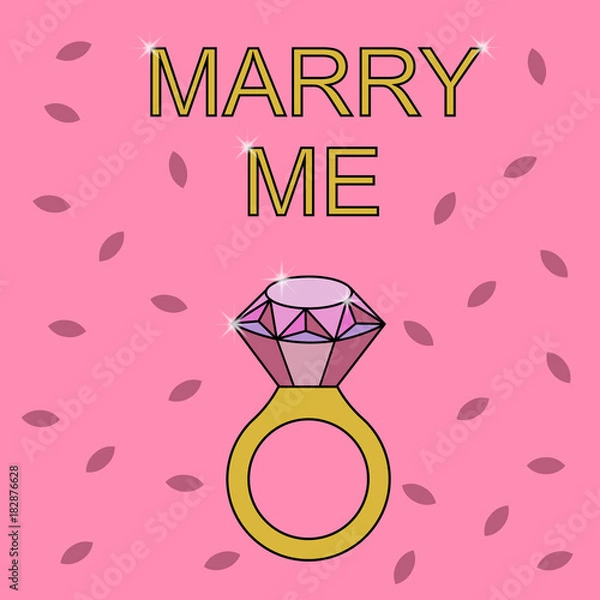 Fototapeta Flat simple image with wedding rings, sparkles on pink background. Vector illustration of wedding card with text "merry me". Gold ring with a diamond for a wedding celebration