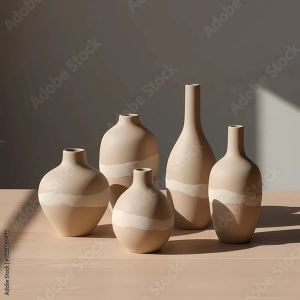 Fototapeta Modern ceramic vases in neutral tones arranged on wooden table  
