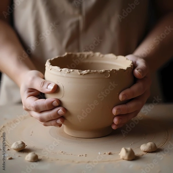Fototapeta Hands shaping a clay bowl during pottery class in studio  
