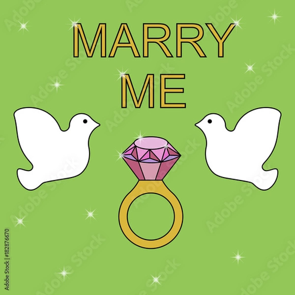 Fototapeta Flat simple image with wedding rings, pigeons, sparkles on greenbackground. Vector illustration of wedding card with text "merry me". Gold ring with a diamond for a wedding celebration