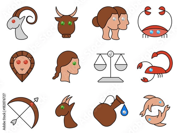 Fototapeta Flat simple image with zodiac signs isolated on white background. Collection of icons of Aries, Taurus,Twins, Cancer,Leo,Virgo,Libra, Scorpio,Sagittarius,Capricorn,Aquarius,Pisces. Vector illustration
