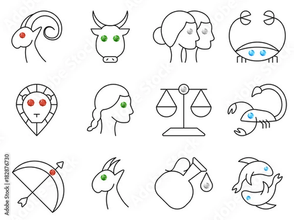 Fototapeta Flat simple image with zodiac signs isolated on white background. Collection of icons of Aries, Taurus,Twins, Cancer,Leo,Virgo,Libra, Scorpio,Sagittarius,Capricorn,Aquarius,Pisces. Vector illustration