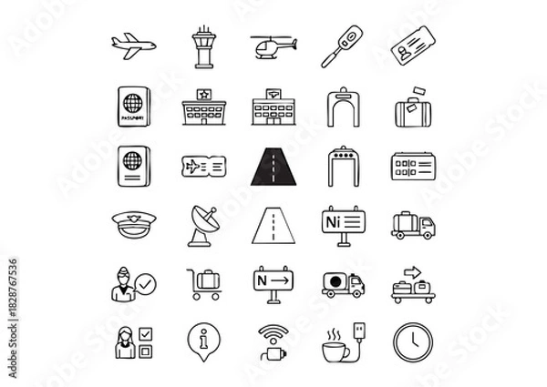 Fototapeta Global Travel Essentials: 25 Airport and Aviation Vector Icons, Black and White Flight Path: Modern Airport Line Icons, Terminal Transit: Comprehensive 25 Icon Set for Air Travel