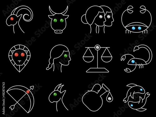 Fototapeta Flat simple image with zodiac signs isolated on black background. Collection of icons of Aries, Taurus,Twins, Cancer,Leo,Virgo,Libra, Scorpio,Sagittarius,Capricorn,Aquarius,Pisces. Vector illustration