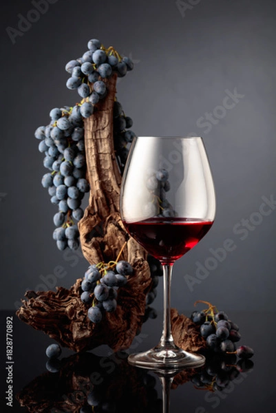 Fototapeta Glass of red wine with a weathered snag and blue grapes.