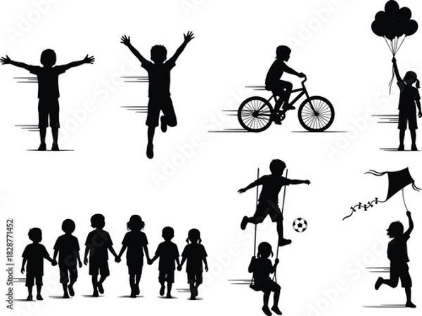 Obraz Playful Children Silhouettes in Outdoor Activities – Joyful Childhood Moments Captured in Dynamic Black-and-White Minimalist Illustration