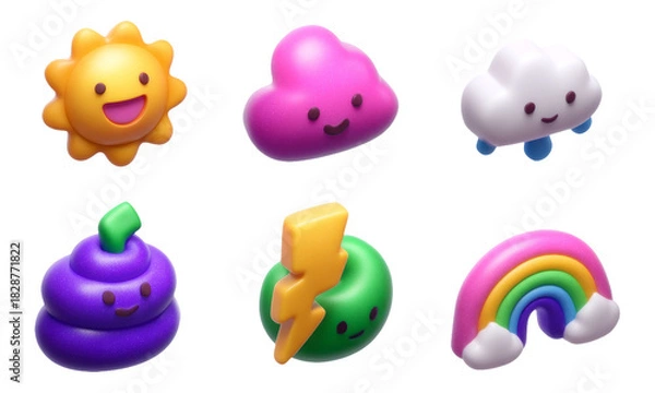 Fototapeta Cute 3D Weather Characters in Soft Clay Style on Transparent Background