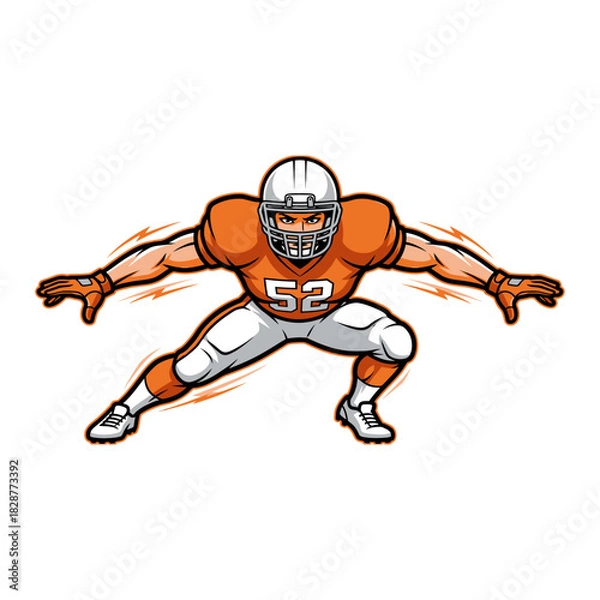 Fototapeta Aggressive Cartoon American Football Player in Orange Uniform Crouching Ready to Move