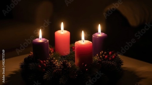 Fototapeta Warmly Lit Advent Wreath with Four Candles for Christmas Holiday Season