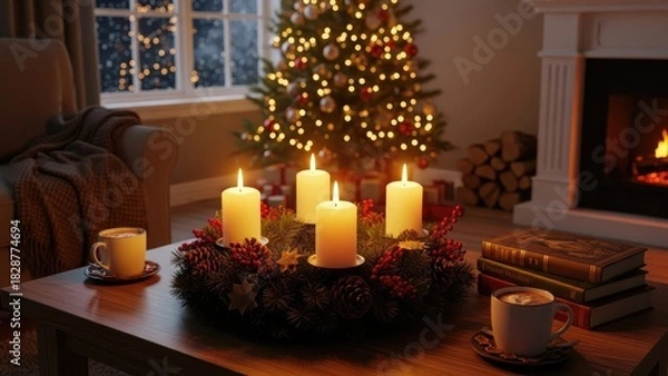 Fototapeta Warm Advent Wreath with Lit Candles in a Cozy Christmas Living Room