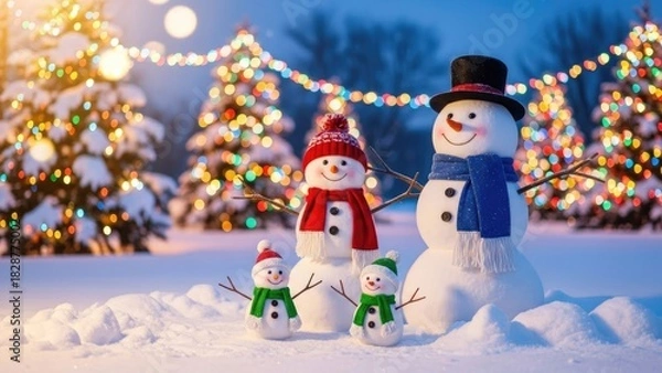 Fototapeta Charming Snowman Family in Snowy Wonderland with Sparkling Christmas Lights