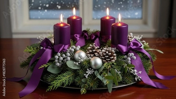 Fototapeta Four Lit Purple Advent Candles with Festive Wreath Decoration and Snowy Window Background