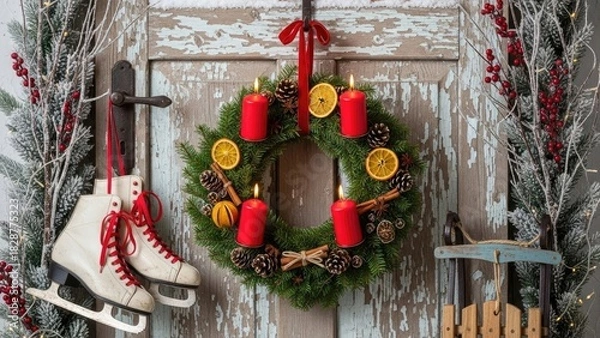 Fototapeta Vintage Christmas Door Decoration with Lit Advent Wreath, Ice Skates, and Winter Berries