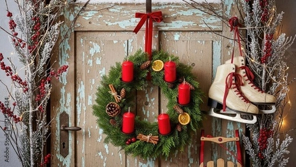 Fototapeta Rustic Christmas Holiday Door Adorned with Advent Wreath and Vintage Ice Skates