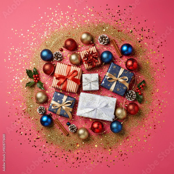 Fototapeta Glamorous Christmas Flat Lay Composition of Assorted Wrapped Gifts, Red and Blue Ornaments, and Natural Elements Centered in a Circle of Gold Glitter on a Bright Pink Background – Festive Party 