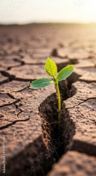 Fototapeta Tiny sprout grows from cracked dry earth