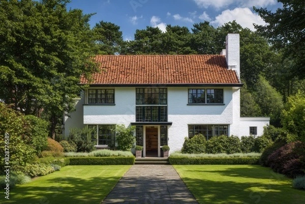 Fototapeta A stunning modern house is nestled amidst vibrant greenery in a tranquil neighborhood, basking in the warmth of a sunny day
