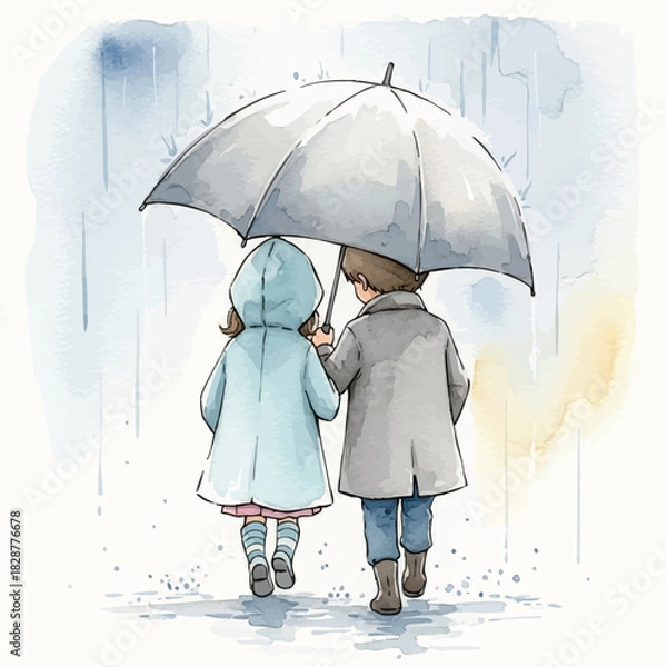 Obraz Watercolor illustration of two children walking in the rain with umbrella