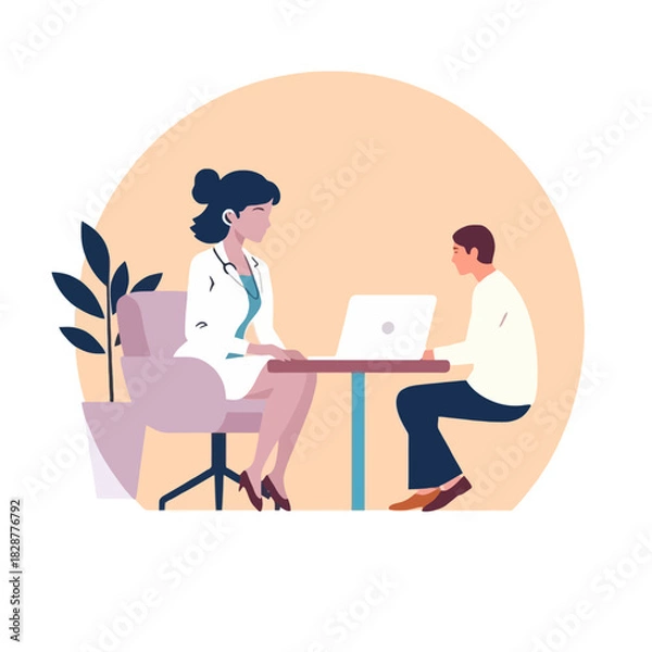 Obraz Doctor consulting with a patient at a desk with a laptop.