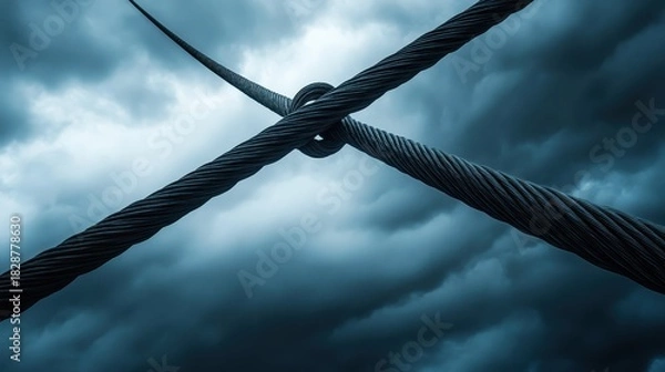 Fototapeta Massive steel cables intertwined against a stormy sky