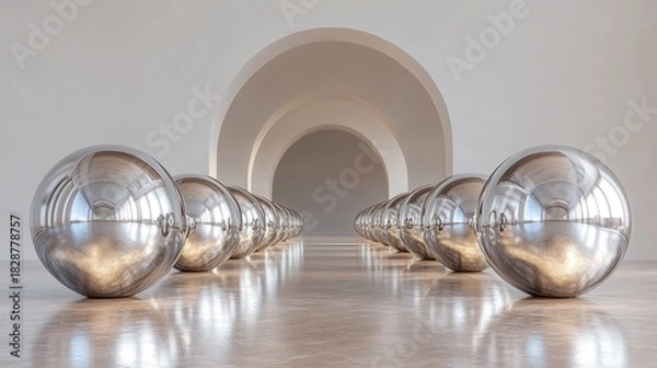 Obraz Metallic spheres in symmetrical architecture reflecting light