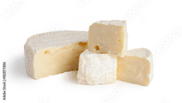 Fototapeta Brie cheesecakes, trisubbles, slices. Fresh cheese, Camemberttes. Isolated on white background.