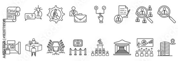 Fototapeta Job fair icon collection includes informing, advising, skills, jobs, choices, applicants, recruiting, hiring with thin line illustrations and white background.