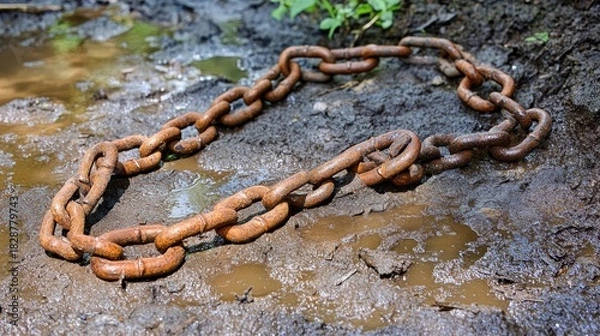 Obraz Rusty broken chains laying in muddy uneven ground