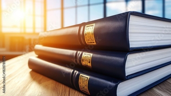 Obraz Stack of Official Legal Documents Bound in Blue Leather