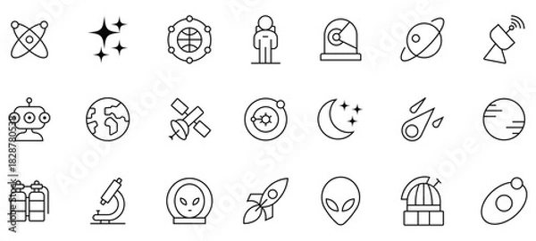 Obraz Set of space and astronomy line icons. containing icons moon, stars, planet, alien, galaxy, rocket astronaut, technology, space travels, solar and more. Exploration galaxy and universe. Vector 