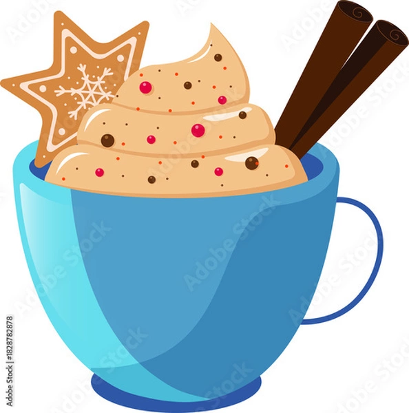 Fototapeta Christmas cup of cocoa with gingerbread and cinnamon