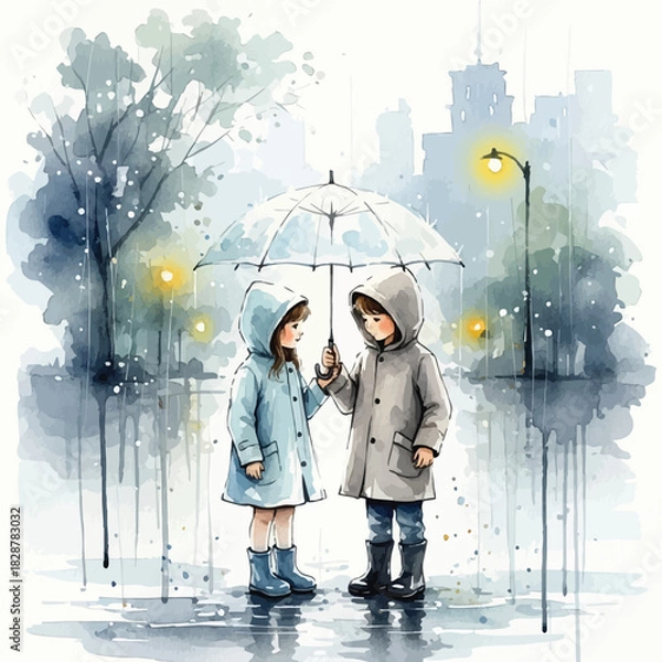 Obraz Watercolor painting of two children sharing an umbrella in the rain