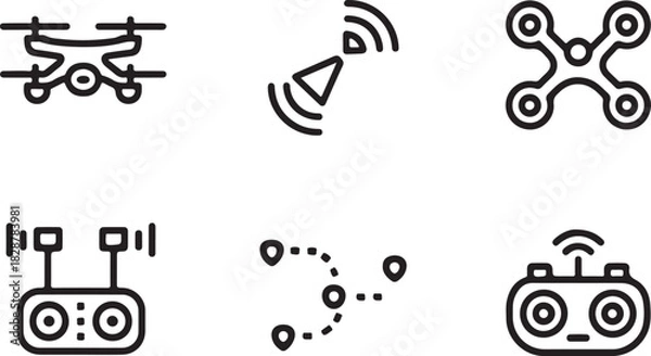 Obraz Drone Icons, Line Art UAV, Remote Control and Flight Path Symbol Set