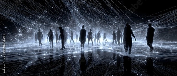 Fototapeta Silhouettes of individuals connect across a dark reflective surface with luminous golden energy threads