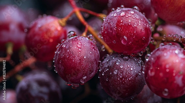 Fototapeta Close up of red grapes with water droplets on them in a dark setting