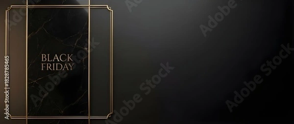 Fototapeta Elegant Black Friday banner with dark marble panel and gold frame on black gradient background; refined typography and ample copy space for retail promotion.