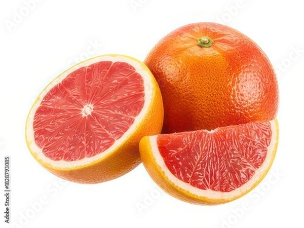 Fototapeta A vibrant display of citrus delight featuring a whole grapefruit alongside cut segments on a white backdrop