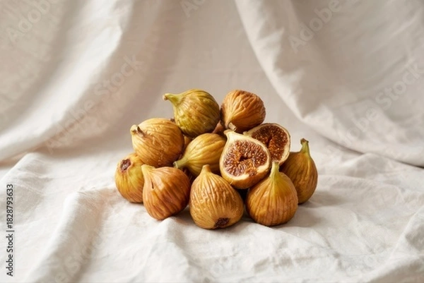 Fototapeta A pile of fresh figs on a white cloth with one fig cut in half showing the inside texture detail