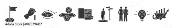 Fototapeta A collection of illustration glyph icons shape the future, including goals, motivation, vision, opportunities, plans, direction, support, ideas, development, editable strokes, on a white background.