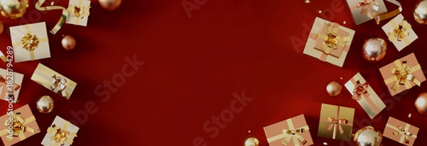 Fototapeta 赤と金のギフトボックスとオーナメントが縁取る華やかなホリデー背景デザイン	
