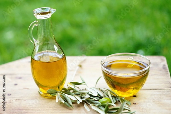 Obraz Olive oil bottle on wooden table at green background