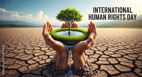 Obraz International human rights day concept with hands holding a tree in desert