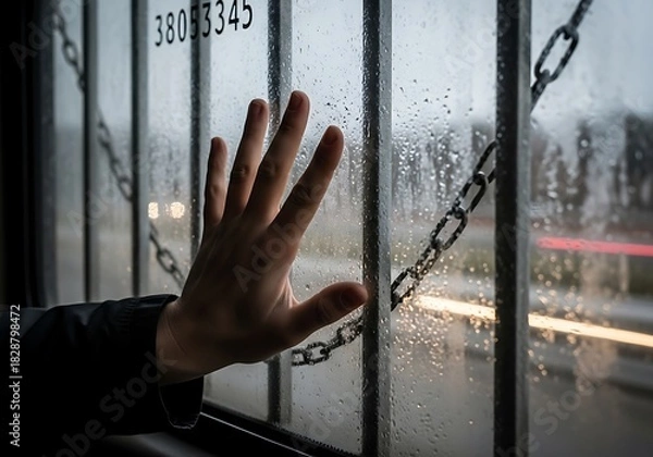 Obraz Hand on a window with raindrops, feeling trapped and longing for freedom