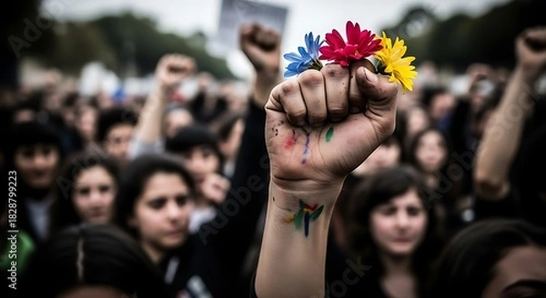 Obraz Crowd of protestors raising fists with flowers in hand during demonstration