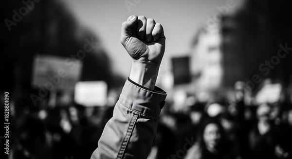 Obraz Raised fist in the air during a protest march for human rights in city