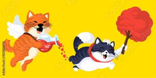 Fototapeta Two cat mascots celebrating Valentine's Day: an orange winged cat full of love, and a blushing gray cat.