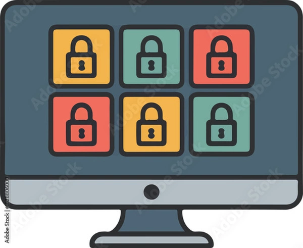 Obraz Computer monitor displaying six colorful padlock vector icons representing digital security and online privacy.