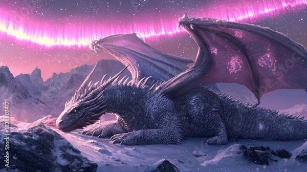 Fototapeta Majestic Dragon Resting Under the Aurora Borealis in a Snowy Landscape.