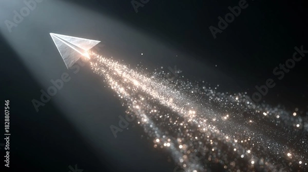 Fototapeta Paper Airplane Soaring with Sparkling Light Trail in the Dark